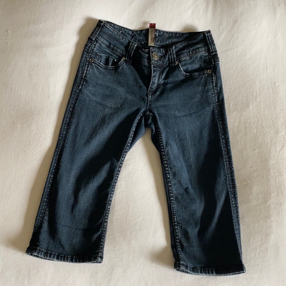 Denim Capri pant worn rhinestone patch